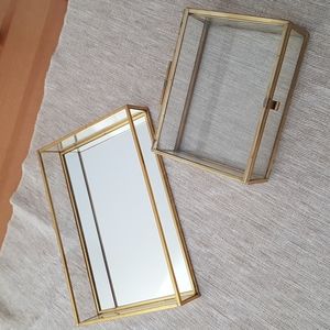 Glass jewelry box and tray with gold metal trim